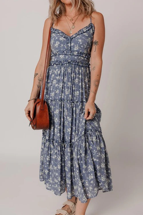 Blue Flower Strap Dress